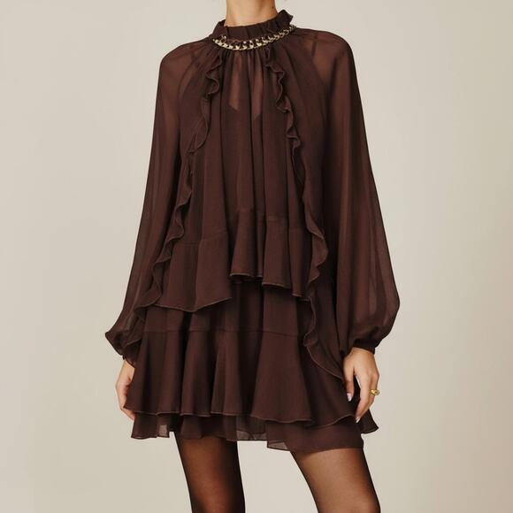 Commense Brown Semi-Sheer Chiffon Ruffle Mini Dress with Cape Overlay – Size XL - Picture 4 of 6